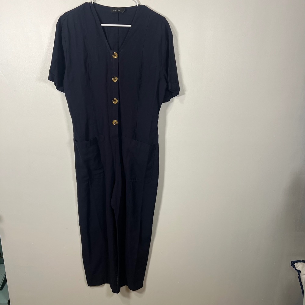 ROOLEE Womens Button Front Utility Pocket Jumpsuit Navy Blue Minimalist L